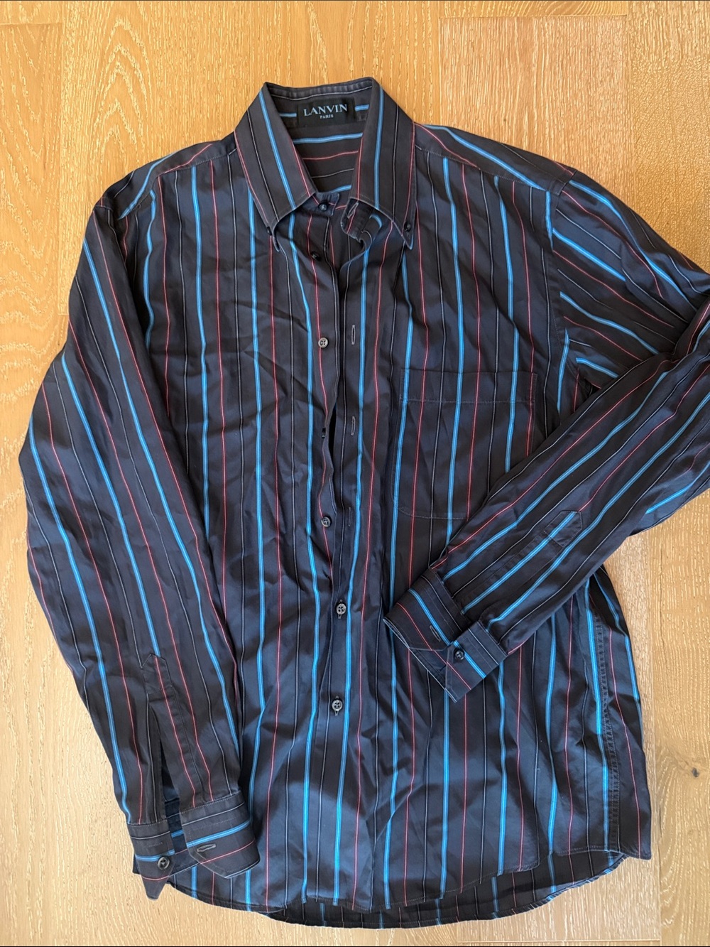 Lanvin Black Dress Shirt with Blue and Red Stripes